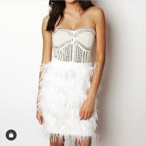 BEBE Studded White Ostrich Feather Prom Dress